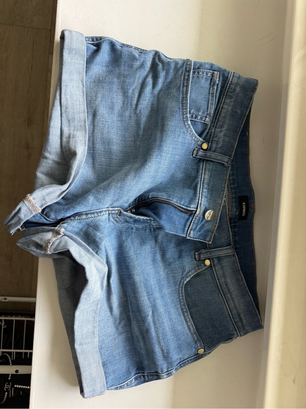Express Light Blue Shortie Mid-rise Denim Shorts - Casual Folded Hem